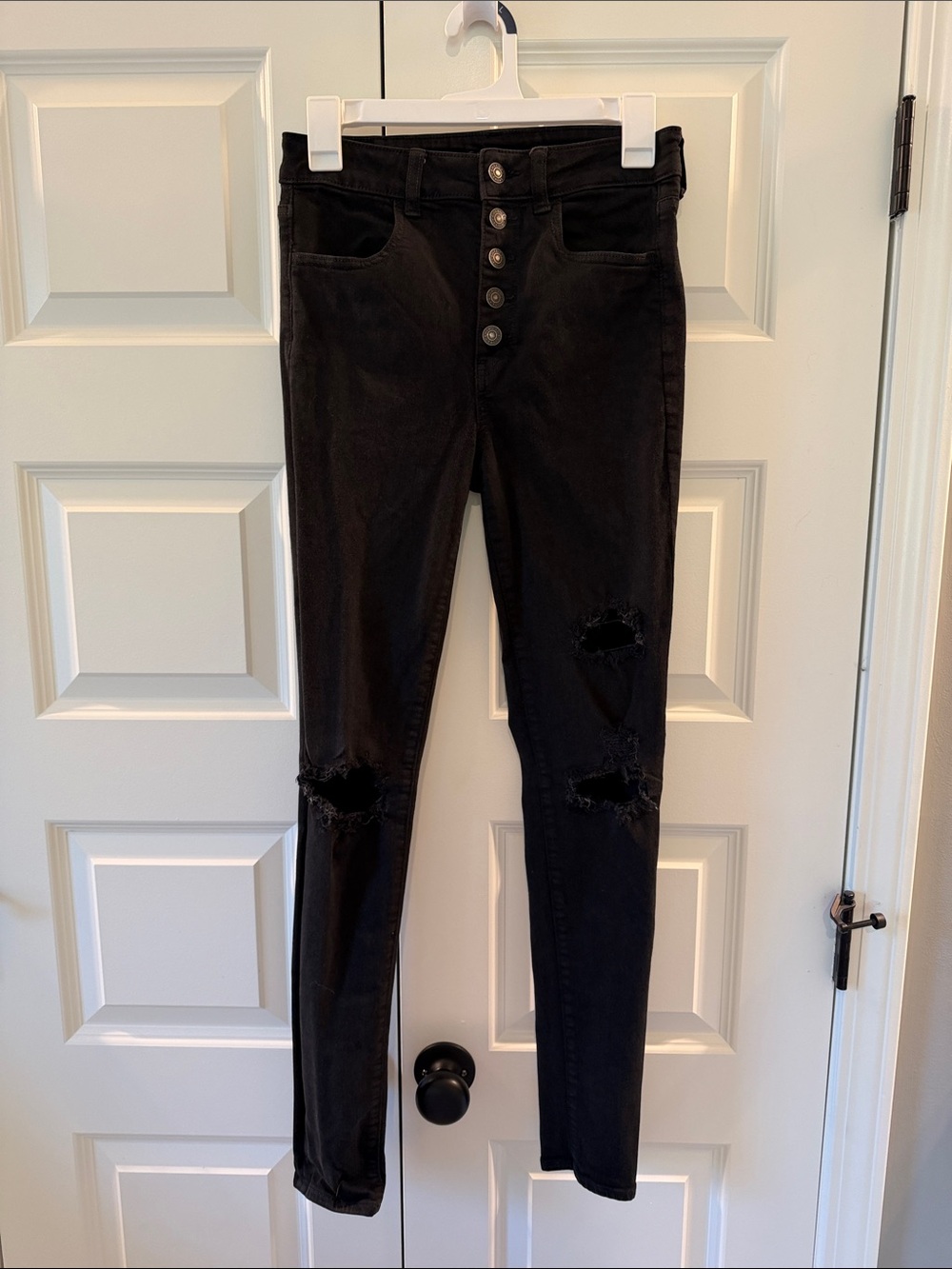 American Eagle Outfitters Black Skinny Distressed Button-Fly Jeans